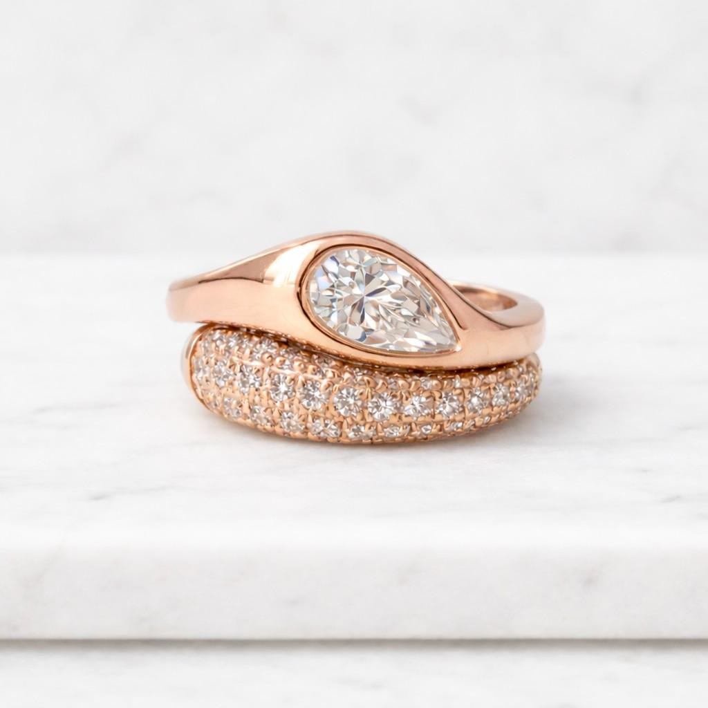 Unique Curve Half Bezel Set Lab Grown Pear Cut Diamond Ring Solitaire Ring Statement Engagement Ring Minimalist Wedding Anniversary Gift