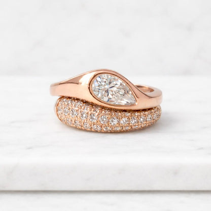 Unique Curve Half Bezel Set Lab Grown Pear Cut Diamond Ring Solitaire Ring Statement Engagement Ring Minimalist Wedding Anniversary Gift