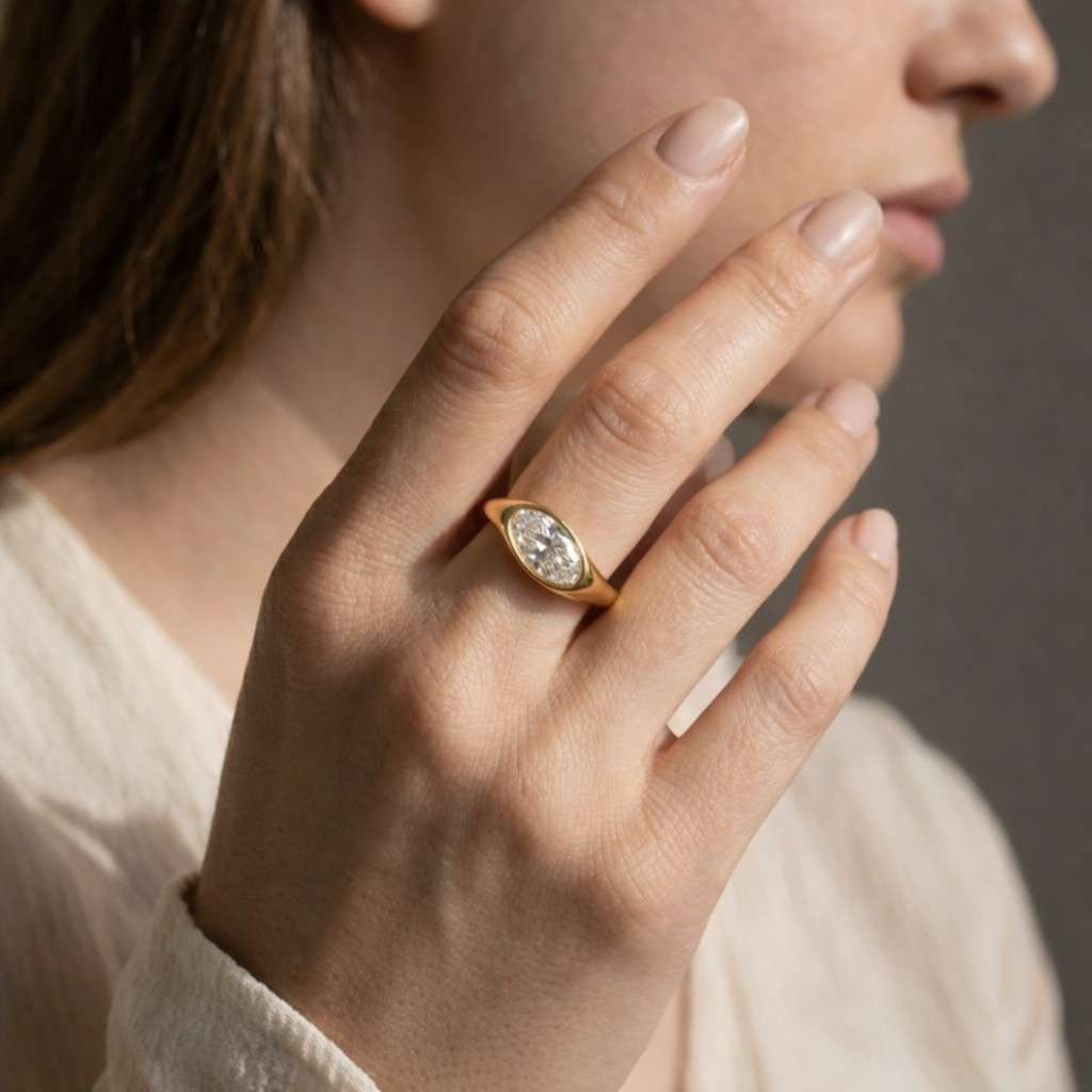 east to west 3ct oval cut moissanite bezel set solitaire ring, paired with matching curved shape plain band, 925 silver bridal ring set