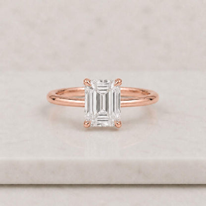 Solid Gold Emerald Cut Moissanite Engagement Ring, Solitaire Emerald Cut Anniversary Ring for Women
