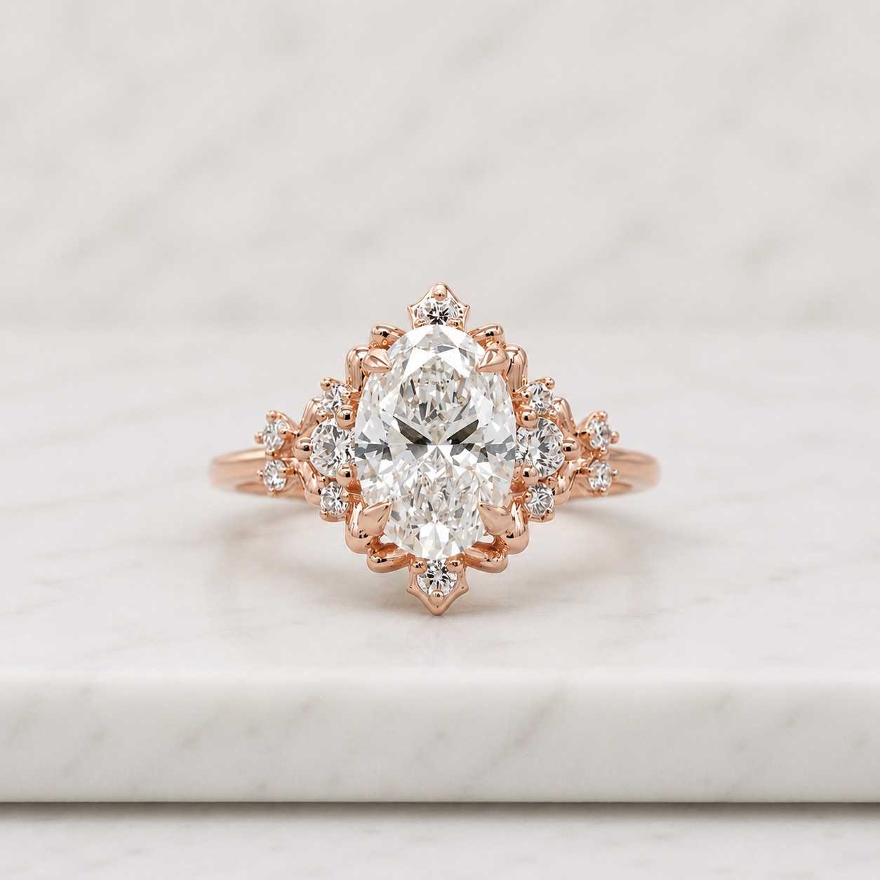 Oval Cluster Shoulder Solitaire Engagement Ring, 18K Yellow Gold, IGI Certified, D-F Color VVS-VS1, Lab Grown Diamond, Handmade New York
