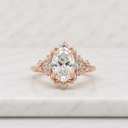 Oval Cluster Shoulder Solitaire Engagement Ring, 18K Yellow Gold, IGI Certified, D-F Color VVS-VS1, Lab Grown Diamond, Handmade New York
