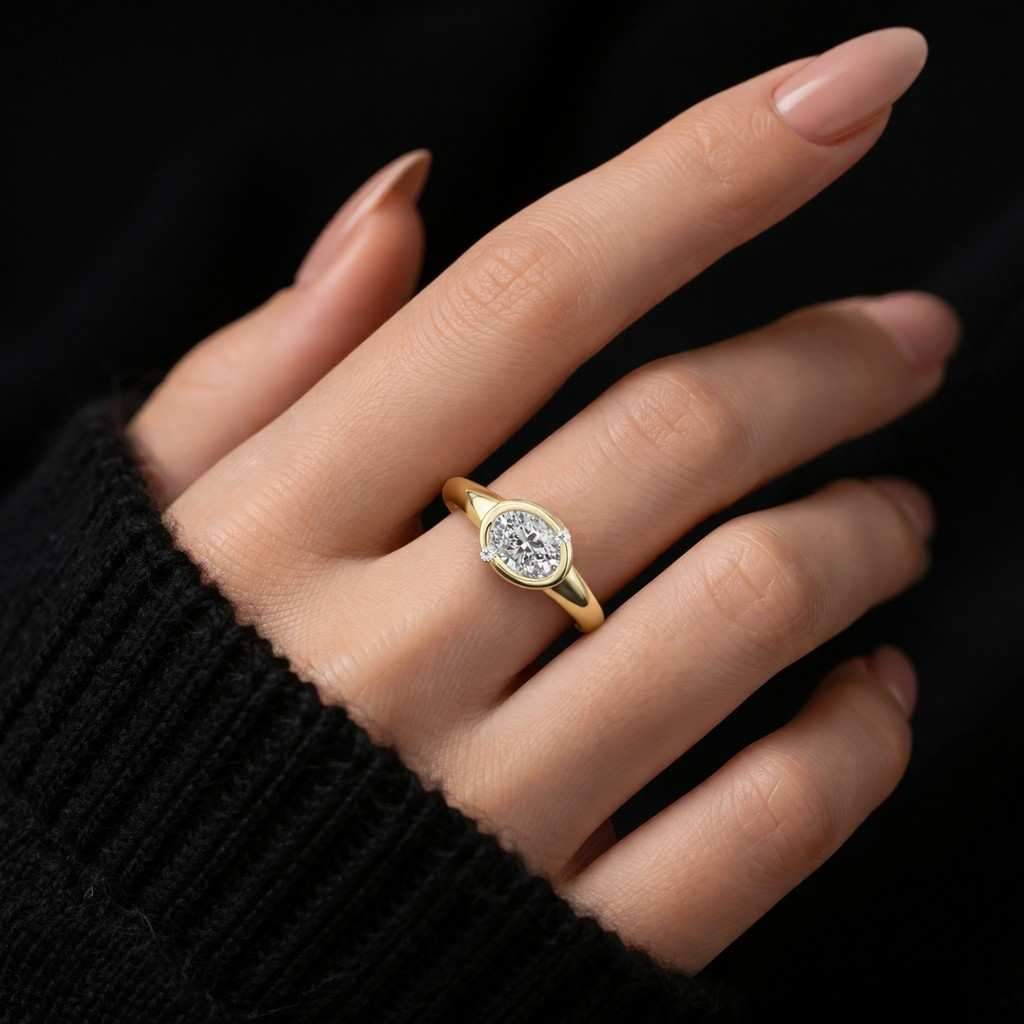 East To West Half Bezel Set Ring, Antique Milgrain Edges Solitaire Ring, Oval Cut Lab Grown Diamond Ring, 14K Yellow Gold Modern Ring
