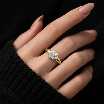 East To West Half Bezel Set Ring, Antique Milgrain Edges Solitaire Ring, Oval Cut Lab Grown Diamond Ring, 14K Yellow Gold Modern Ring