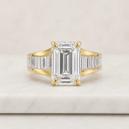 Emerald Cut Moissanite Engagement Ring | Baguette Cut Wedding Ring | Art Deco Solid Gold Wedding Ring | Statement Anniversary Gift for Her
