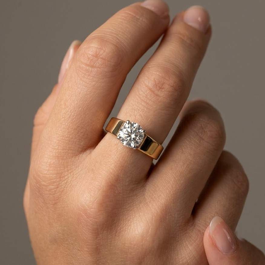 2 CT Round Cut Lab Grown Diamond Engagement Ring, Solitaire Cigar Ring, 14K Yellow Gold Wedding Ring, Unique Wide Anniversary Promise Ring