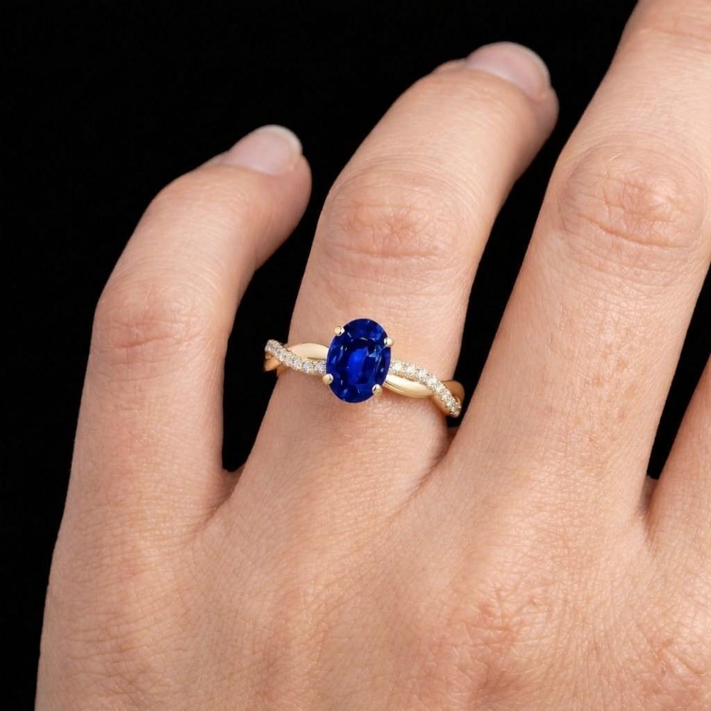 diamond side stones twisted shank ring four prong ring oval center stone blue crystal ring heirloom style ring feminine jewelry ring special gift ring proposal jewelry sapphire wedding ring