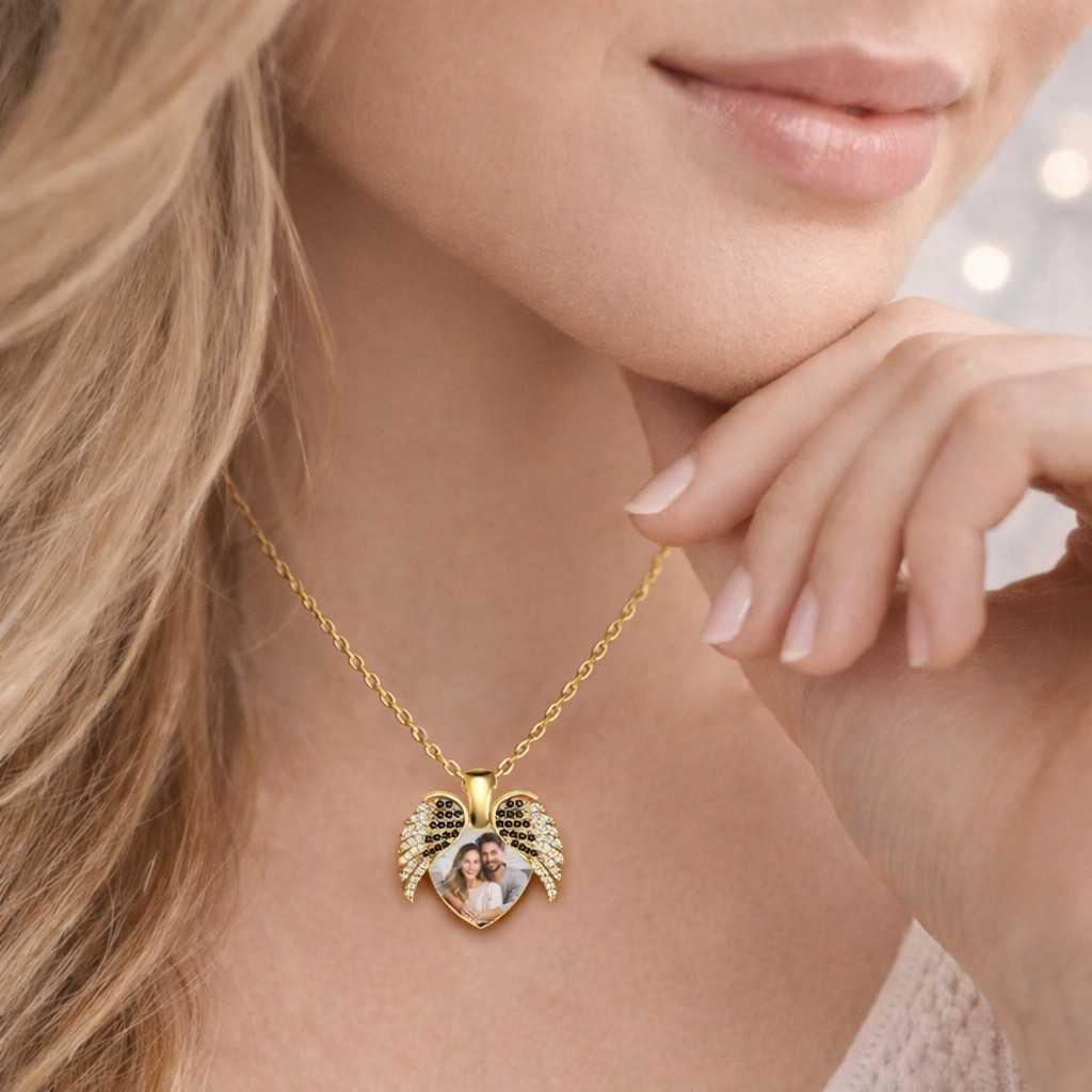 angel wing heart locket necklace – rose gold-plated with crystals – custom engraved photo pendant – memorial jewelry gift for women
