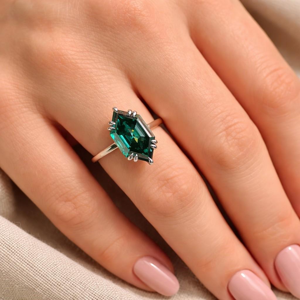 hexagon cut lab created emerald k solid gold ring engagement ring green gemstone handmade ring