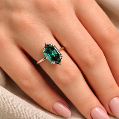 Hexagon Cut Lab Created Emerald K Solid Gold Ring Engagement Ring Green Gemstone Handmade Ring