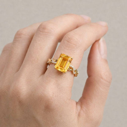 Emerald Cut Citrine Gold Ring | Dainty Yellow Gemstone Engagement Ring | Promise Ring for Her | November Birthstone Jewelry
