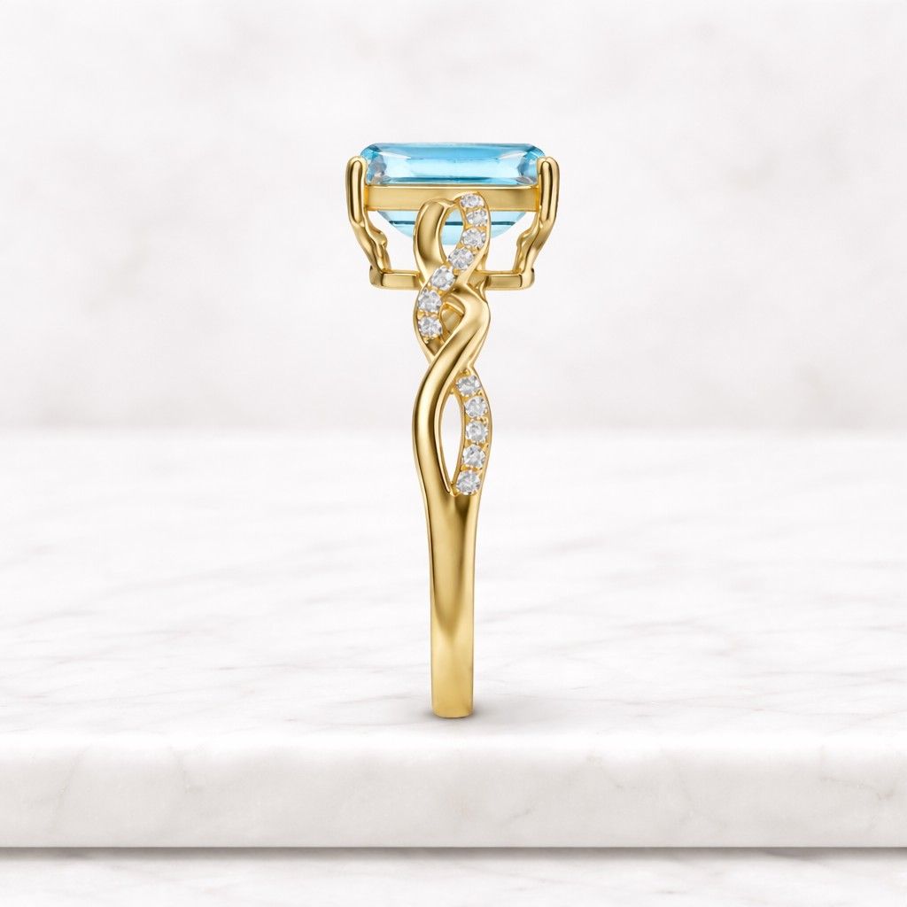 Emerald Cut Aquamarine Ring, 14K Solid Gold Vintage Twisted Band, March Birthstone Gift
