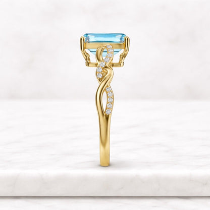Emerald Cut Aquamarine Ring, 14K Solid Gold Vintage Twisted Band, March Birthstone Gift
