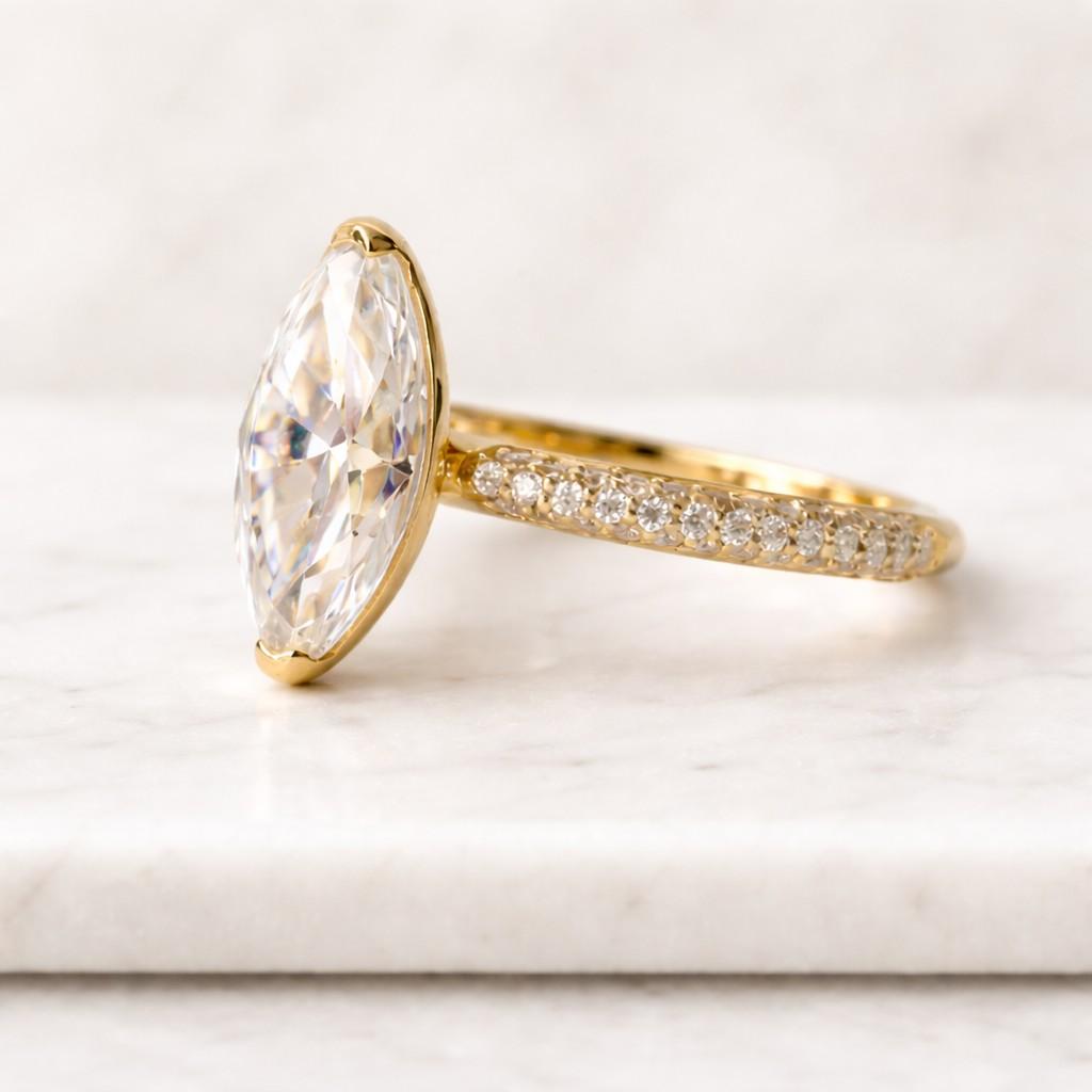 4 CT Marquise Cut Lab Grown Diamond Engagement Ring, 14K/18K Gold Round & Marquise Pavé Band, Unique Wedding Ring for Her
