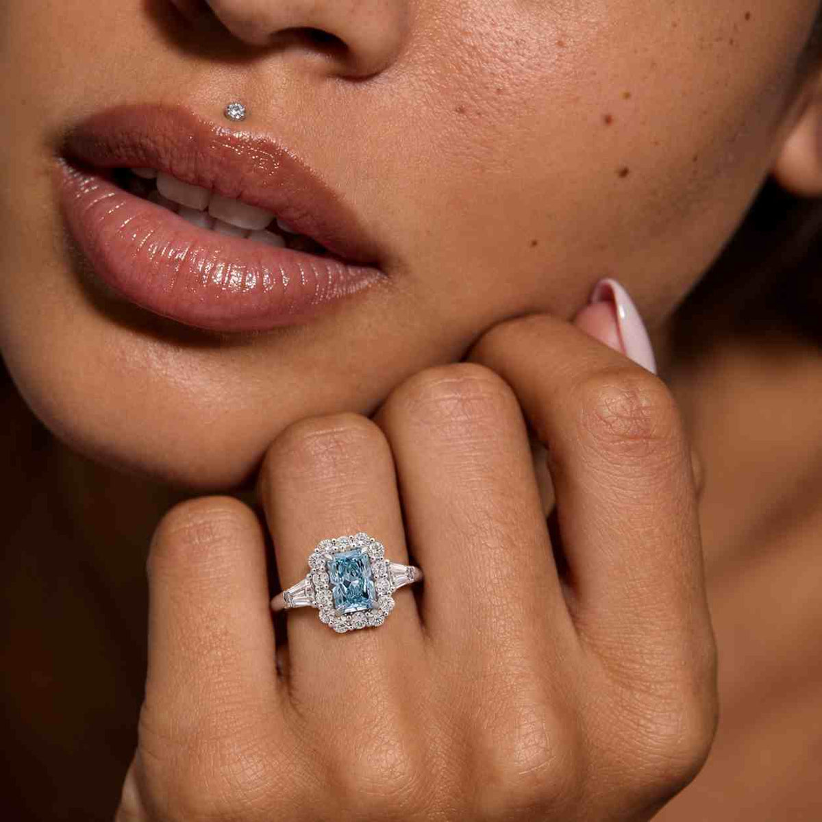 blue radiant cut lab grown diamond halo ring, classic pavé halo wedding rings for women, custom birthstone ring
