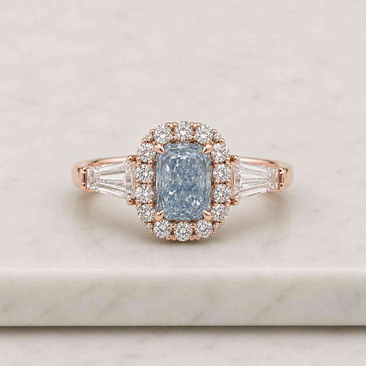 elongated radiant ring elongated cushion engagement rectangular gemstone ring halo cushion design tapered baguette ring baguette side stones trapezoid side stones framed halo ring