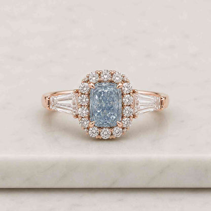 elongated radiant ring elongated cushion engagement rectangular gemstone ring halo cushion design tapered baguette ring baguette side stones trapezoid side stones framed halo ring