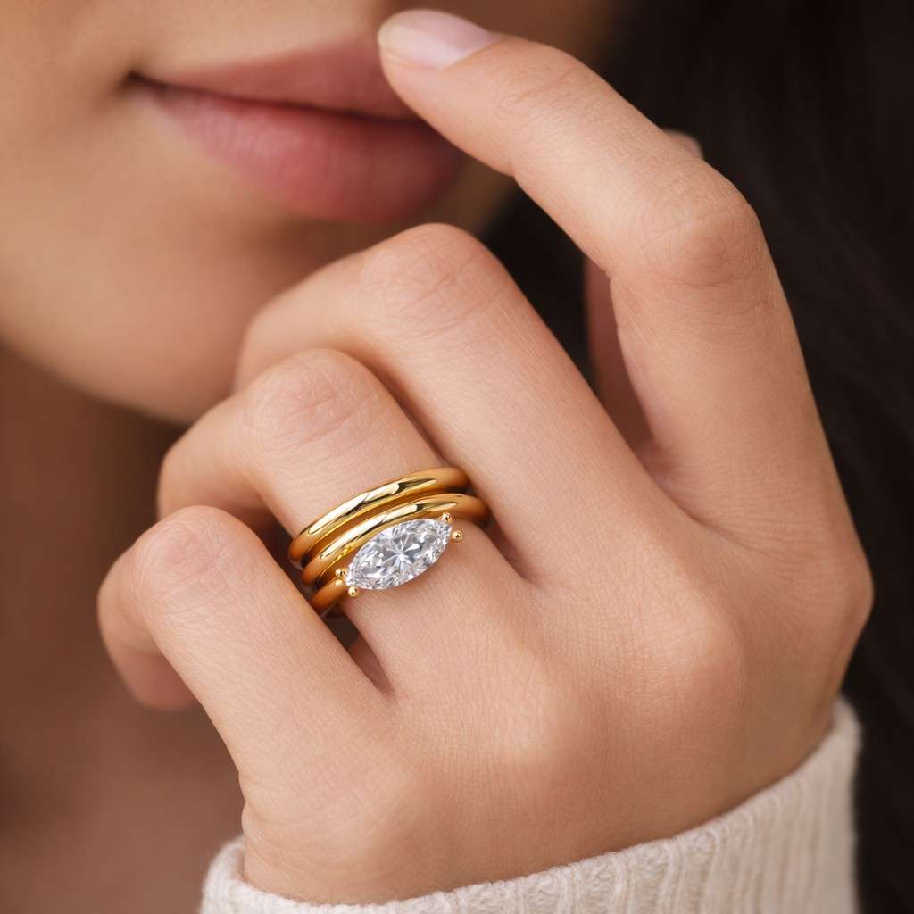 Solid Gold Marquise Cut Moissanite Engagement Ring, Minimalist Promise Ring