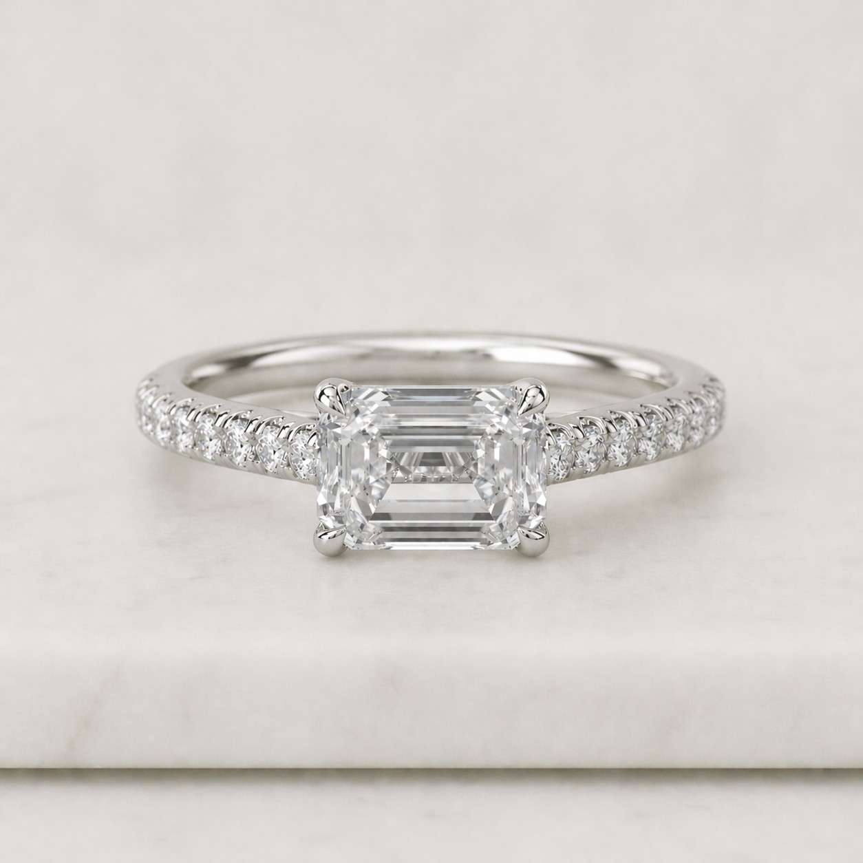 Solid Gold Hidden Halo Pave Half Eternity Emerald Cut Moissanite Engagement Ring, Anniversary Ring