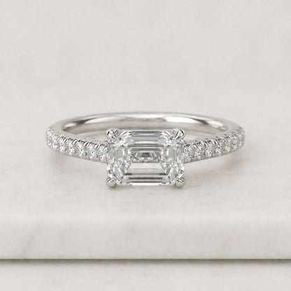 Solid Gold Hidden Halo Pave Half Eternity Emerald Cut Moissanite Engagement Ring, Anniversary Ring