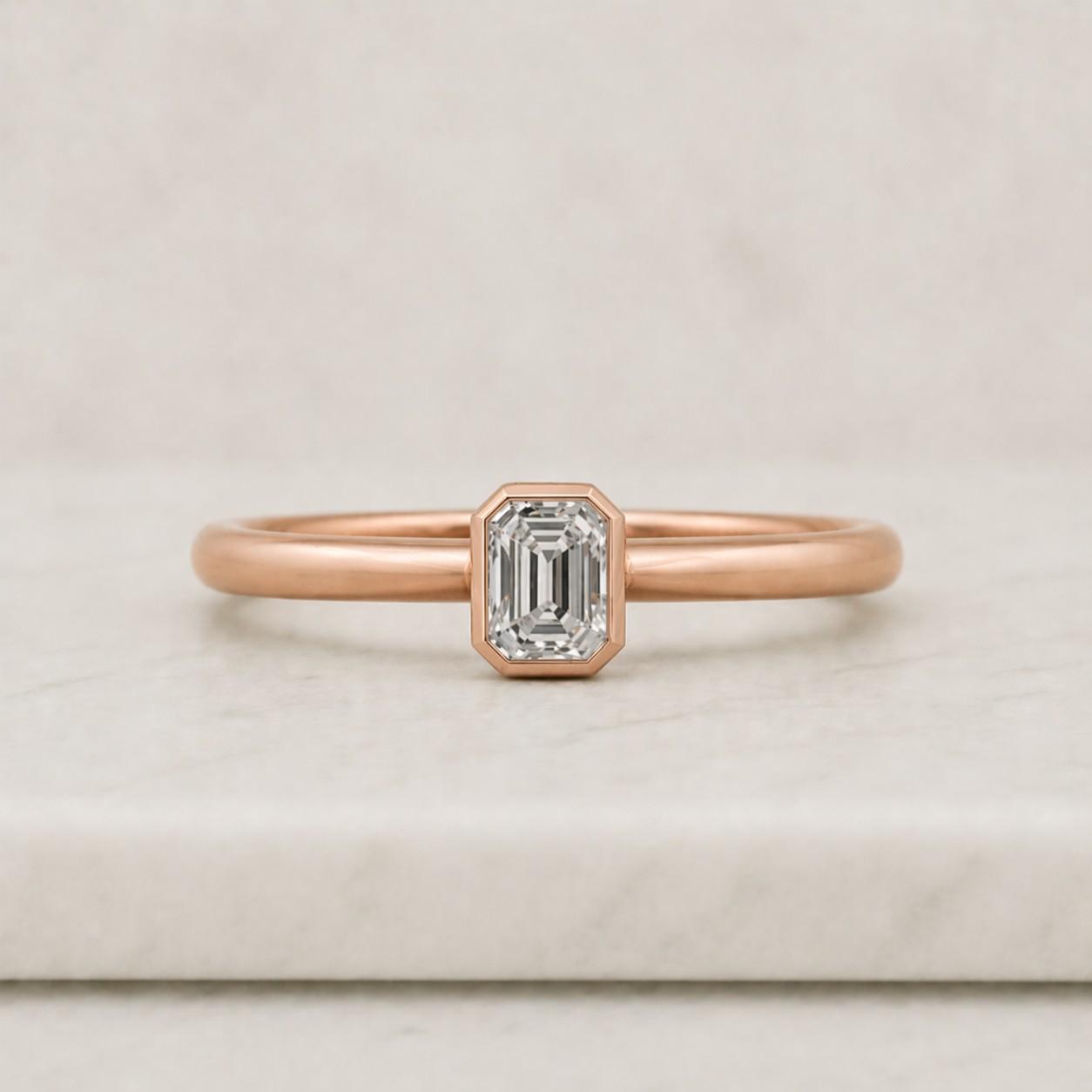 Solid Gold Bezel Emerald Cut Moissanite Engagement Ring Bridge Halo, Cathedral Milgrain Ring

