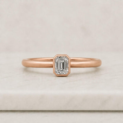 Solid Gold Bezel Emerald Cut Moissanite Engagement Ring Bridge Halo, Cathedral Milgrain Ring
