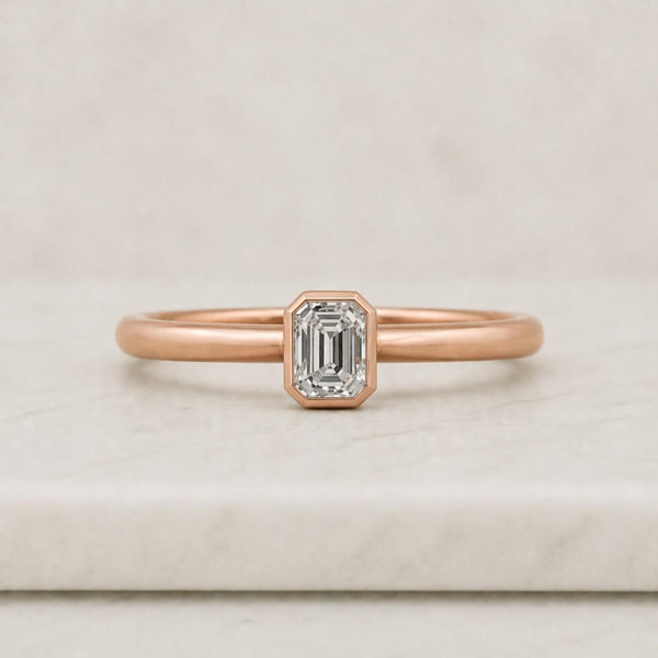 Solid Gold Bezel Emerald Cut Moissanite Engagement Ring Bridge Halo, Cathedral Milgrain Ring
