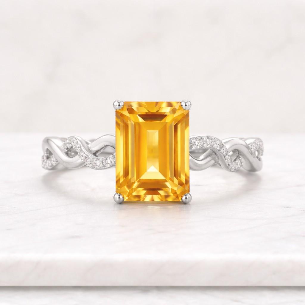 Citrine Ring 925 Sterling Silver, November Birthstone, Emerald Cut Yellow Gemstone Engagement Ring
