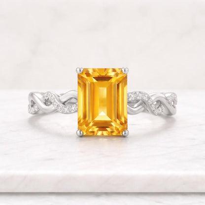 Citrine Ring 925 Sterling Silver, November Birthstone, Emerald Cut Yellow Gemstone Engagement Ring
