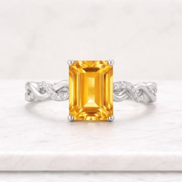 Citrine Ring 925 Sterling Silver, November Birthstone, Emerald Cut Yellow Gemstone Engagement Ring
