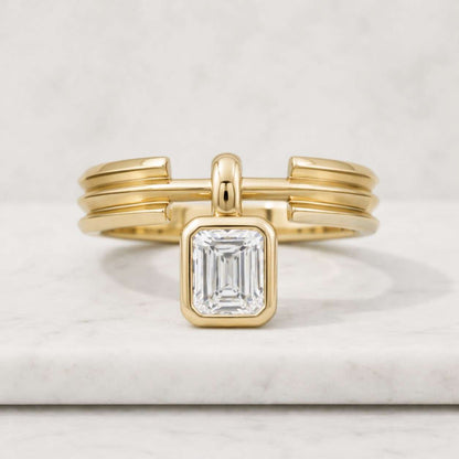 emerald cut ring gold ring bezel ring open ring statement ring geometric ring modern ring unique ring womens ring fine jewelry elegant ring crystal ring solitaire ring band ring