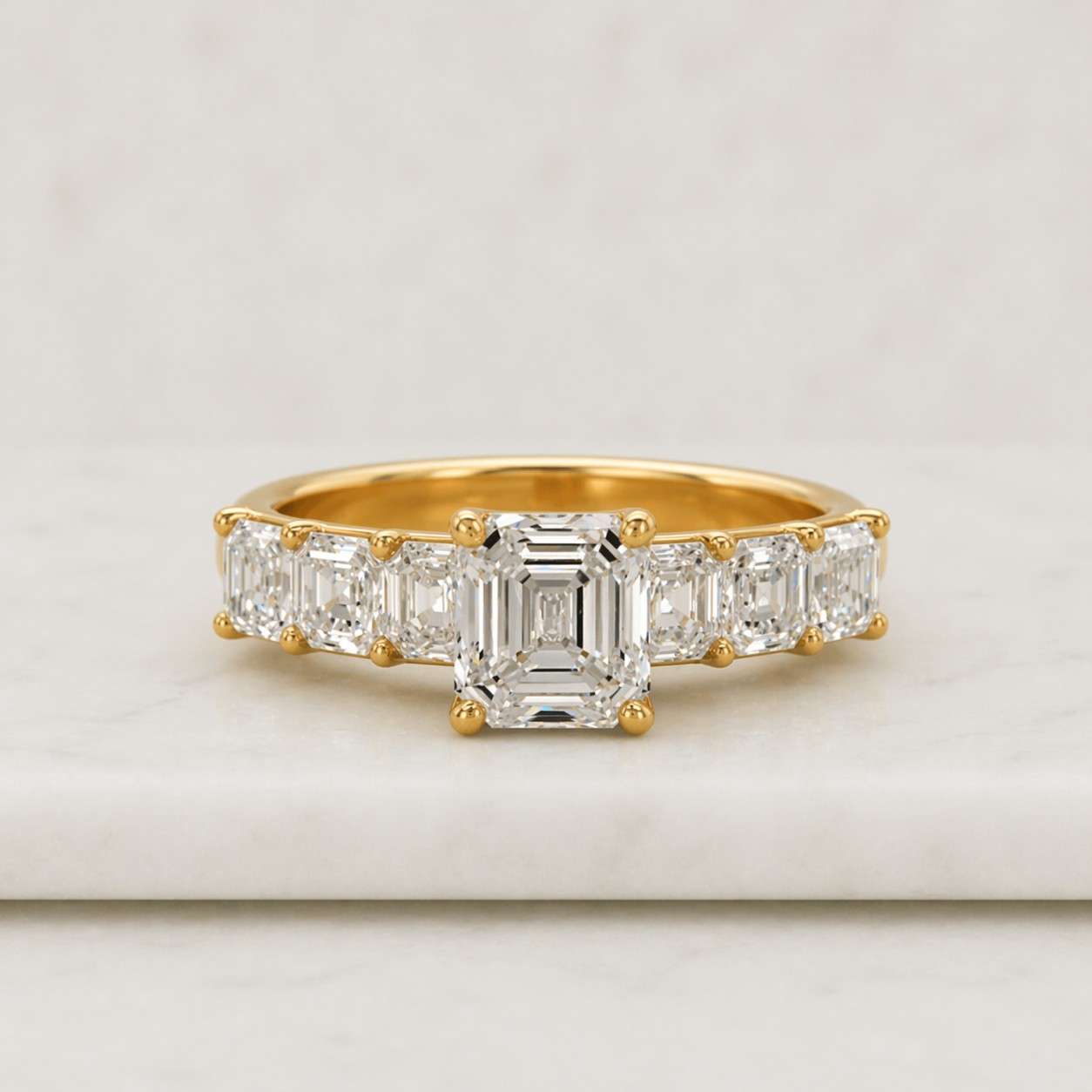 asscher cut moissanite engagement ring, 2ct solitaire, baguette sides, 14k gold band
