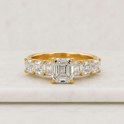 Asscher Cut Moissanite Engagement Ring, 2CT Solitaire, Baguette Sides, 14K Gold Band
