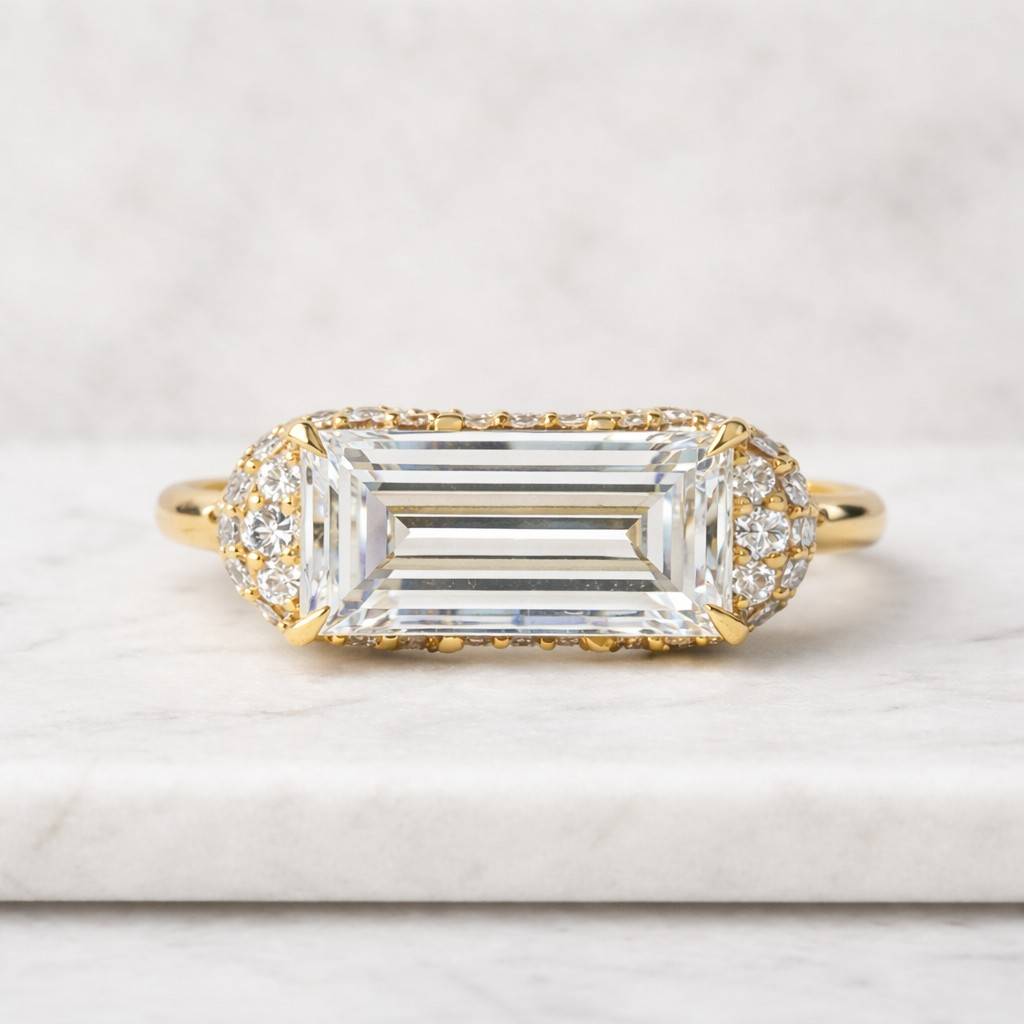4 carat emerald cut moissanite solitaire engagement ring with round cut pave band & hidden halo, sleek prong set modern bridal jewelry
