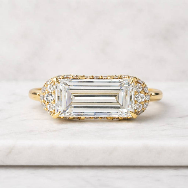 4 Carat Emerald Cut Moissanite Solitaire Engagement Ring with Round Cut Pave Band & Hidden Halo, Sleek Prong Set Modern Bridal Jewelry
