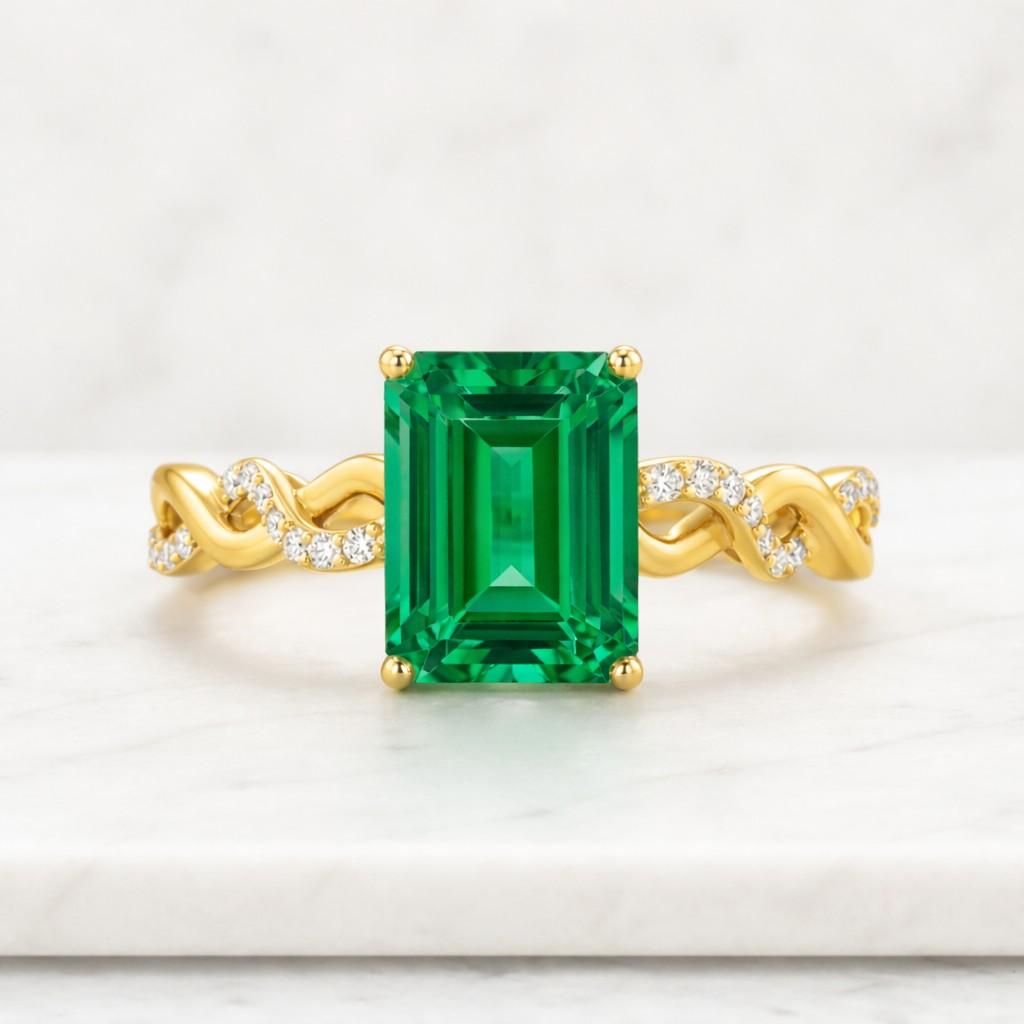 lab grown emerald ring, 14k gold plated ring, engraved band wedding ring, moissanite dainty gold ring, emerald cut birthstone jewelry

