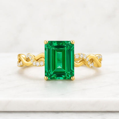 Lab Grown Emerald Ring, 14k Gold Plated Ring, Engraved Band Wedding Ring, Moissanite Dainty Gold Ring, Emerald Cut Birthstone Jewelry
