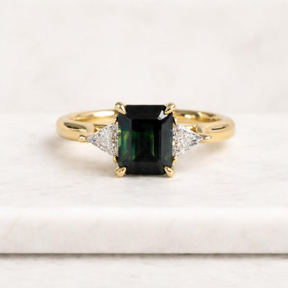 emerald cut ring green stone ring sapphire ring three stone ring engagement ring solitaire ring statement ring promise ring gemstone ring women ring