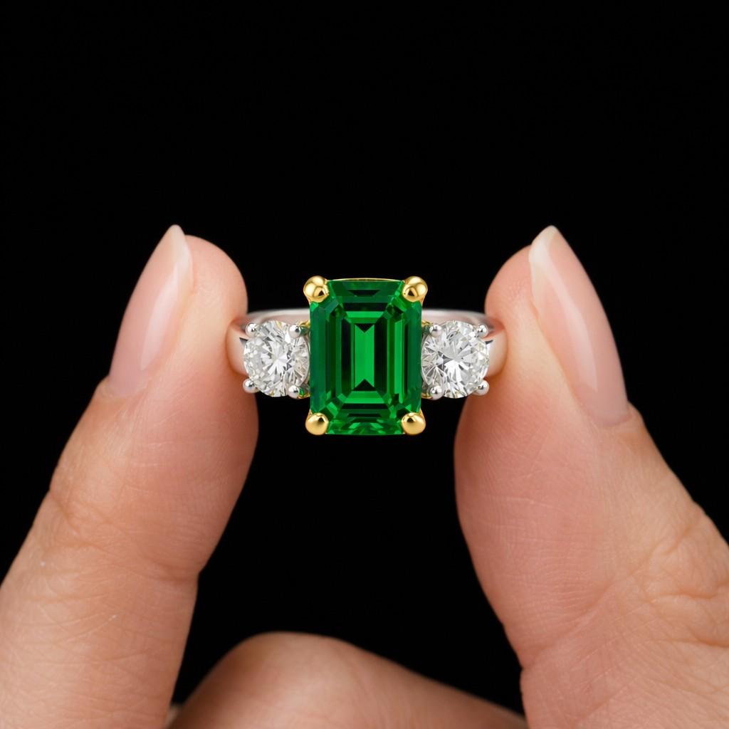 emerald cut 5.8ct lab created emerald solid gold ring luxury three stone moissanite engagement wedding anniversary ring may birthstone ring