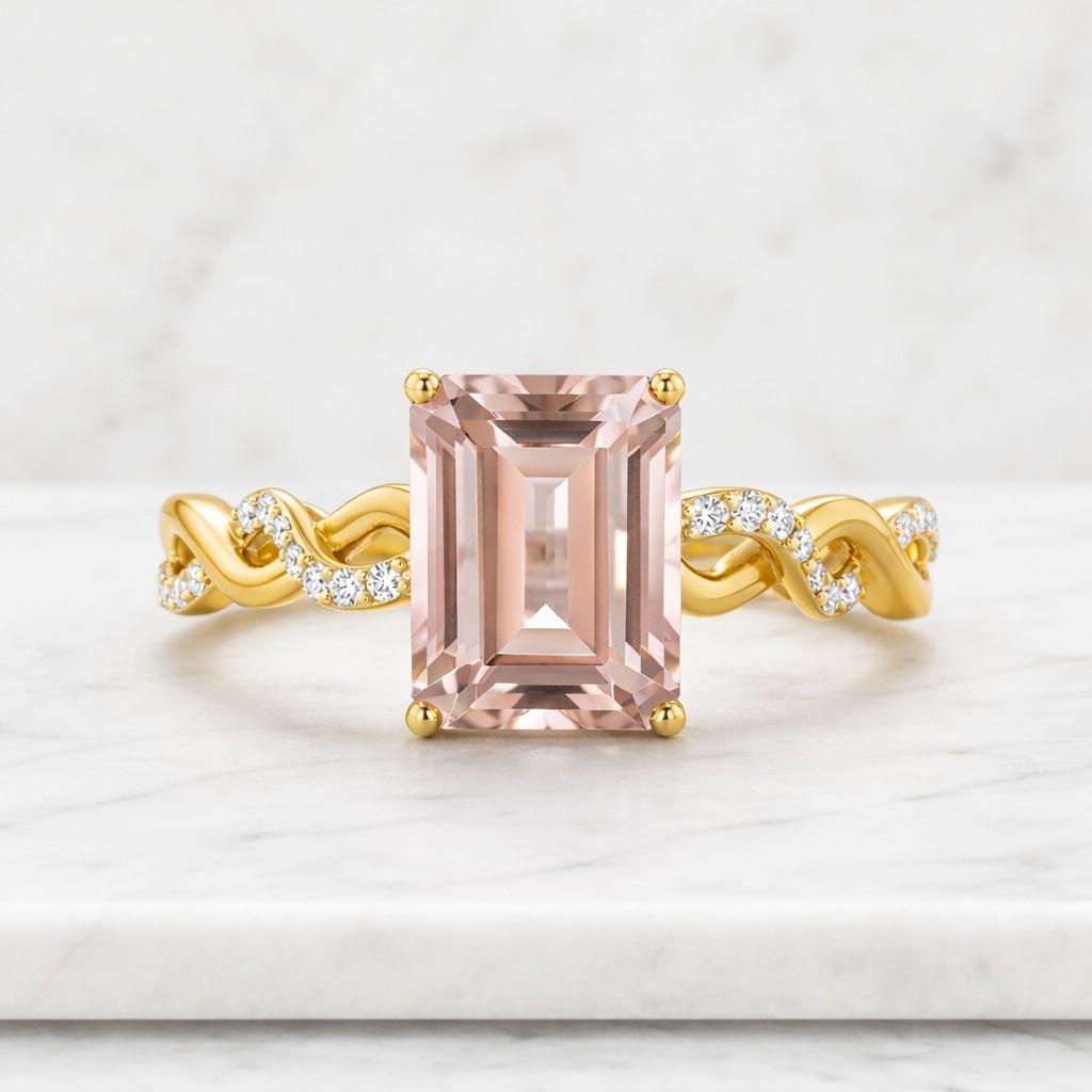 emerald cut ring pink gemstone ring gold ring twisted band ring braided ring solitaire ring statement ring women ring fine jewelry unique ring elegant ring pink stone ring