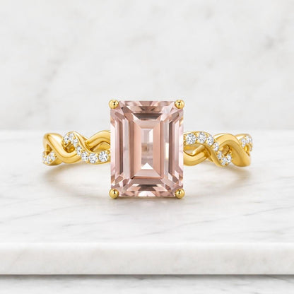emerald cut ring pink gemstone ring gold ring twisted band ring braided ring solitaire ring statement ring women ring fine jewelry unique ring elegant ring pink stone ring