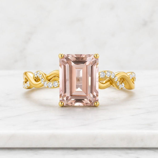 emerald cut ring pink gemstone ring gold ring twisted band ring braided ring solitaire ring statement ring women ring fine jewelry unique ring elegant ring pink stone ring