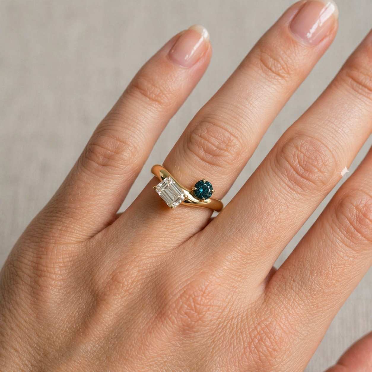 green round emerald & emerald moissanite toi et moi ring | two stone engagement ring in yellow gold | unique promise ring | gift for her
