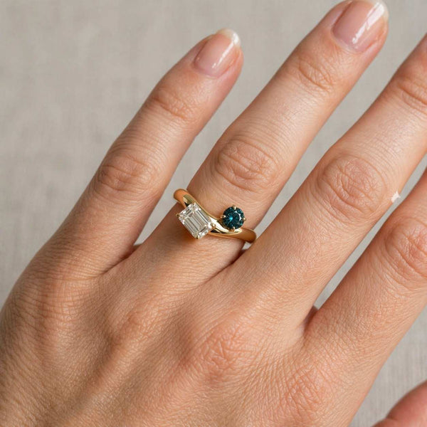 Green Round Emerald & Emerald Moissanite Toi Et Moi Ring | Two Stone Engagement Ring in Yellow Gold | Unique Promise Ring | Gift for Her
