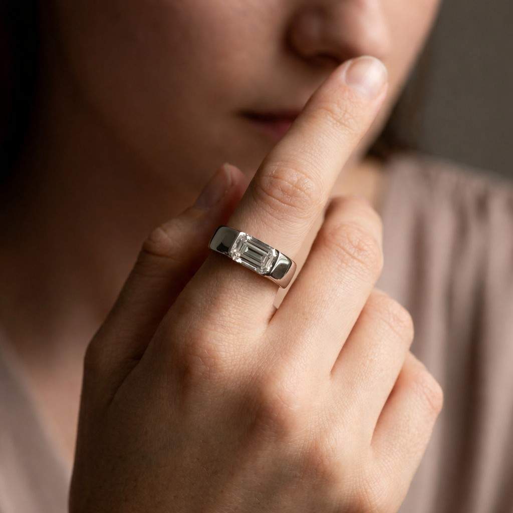East To West Wide Wedding Ring, Chunky Bezel Ring, Emerald Lab Grown Diamond Ring, 14K Gold Solitaire Ring, Unisex Ring For Everyday Wear
