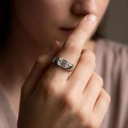 East To West Wide Wedding Ring, Chunky Bezel Ring, Emerald Lab Grown Diamond Ring, 14K Gold Solitaire Ring, Unisex Ring For Everyday Wear
