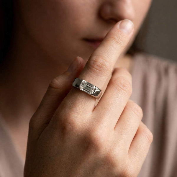 East To West Wide Wedding Ring, Chunky Bezel Ring, Emerald Lab Grown Diamond Ring, 14K Gold Solitaire Ring, Unisex Ring For Everyday Wear
