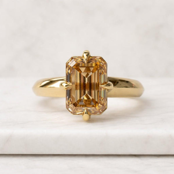 10 CT Canary Yellow Emerald Cut Moissanite Solitaire Engagement Ring, Wide Yellow Gold Band, Statement Wedding Ring, Anniversary Gift