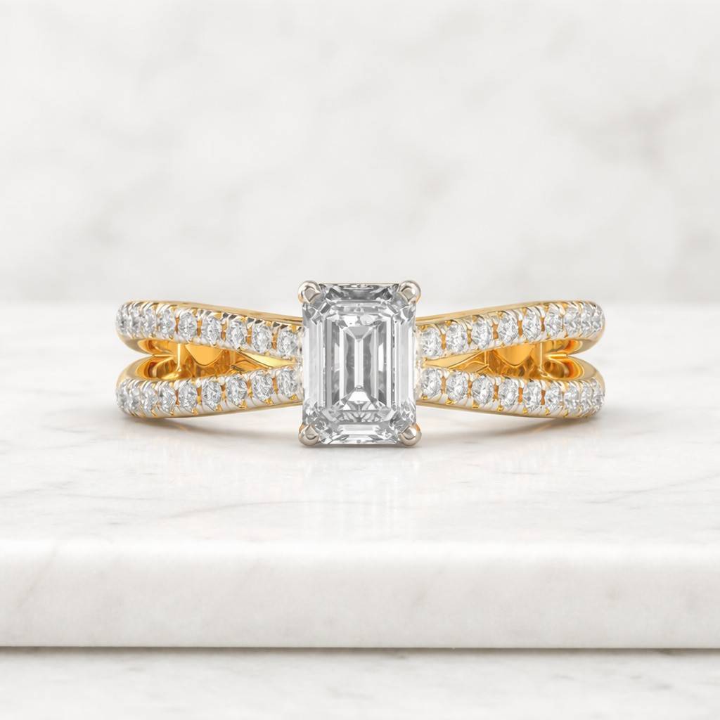 emerald cut ring split shank ring pave ring solitaire ring statement ring gold ring bridal ring women ring fine jewelry luxury ring elegant ring crystal ring clear stone ring