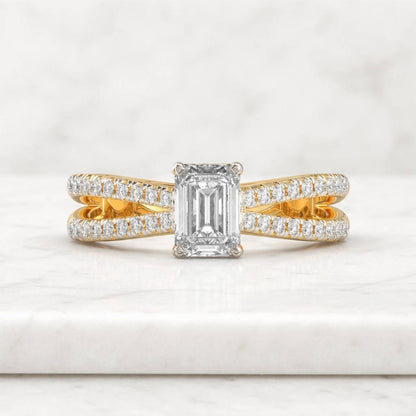 emerald cut ring split shank ring pave ring solitaire ring statement ring gold ring bridal ring women ring fine jewelry luxury ring elegant ring crystal ring clear stone ring